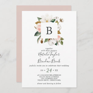 Invitación Magnolia elegante   Boda Monograma blanco y Rubor