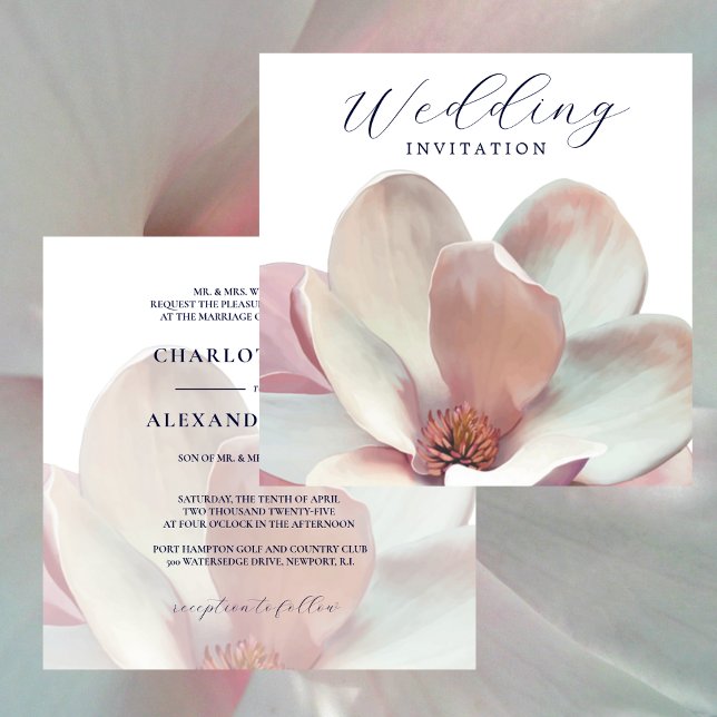Invitación Magnolia elegante Boda rosa y blanco (Elegant Magnolia Pink and White Wedding Invitation 1)