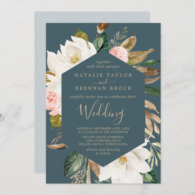 Invitación Magnolia elegante | Boda Verde azulado y blanco (Anverso / Reverso)