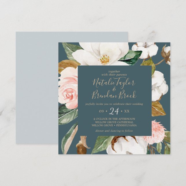 Invitación Magnolia elegante | Boda Verde azulado y cuadrado  (Anverso / Reverso)