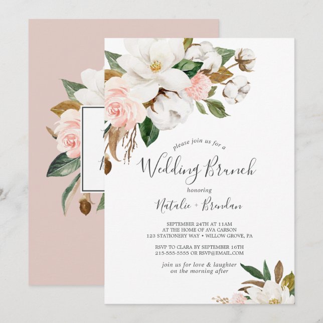 Invitación Magnolia elegante | Brunch blanco y Boda Rubor (Anverso / Reverso)