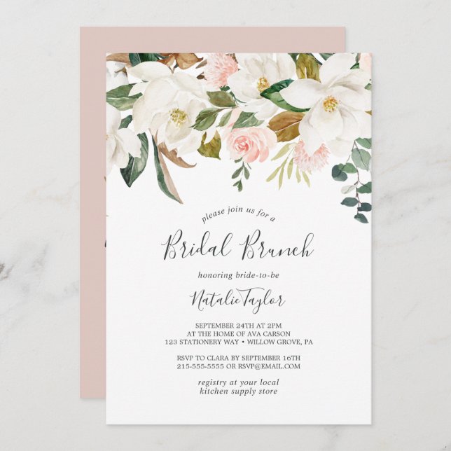 Invitación Magnolia elegante | Brunch de novias blanco y Rubo (Anverso / Reverso)
