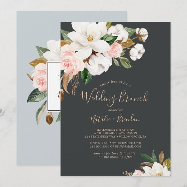 Invitación Magnolia elegante | Brunch negro y blanco Boda (Anverso / Reverso)