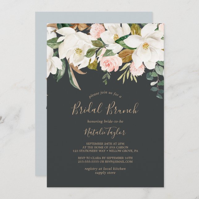 Invitación Magnolia elegante | Brunch negro y blanco de novia (Anverso / Reverso)
