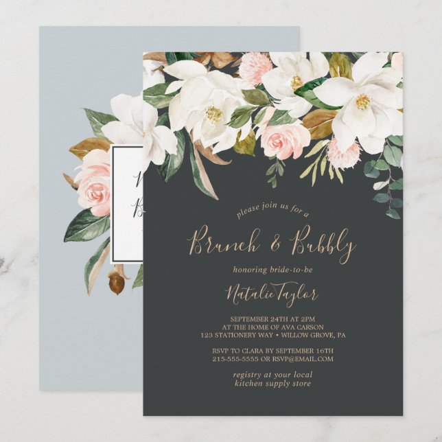 Invitación Magnolia elegante | Brunch negro y blanco y burbuj (Anverso / Reverso)