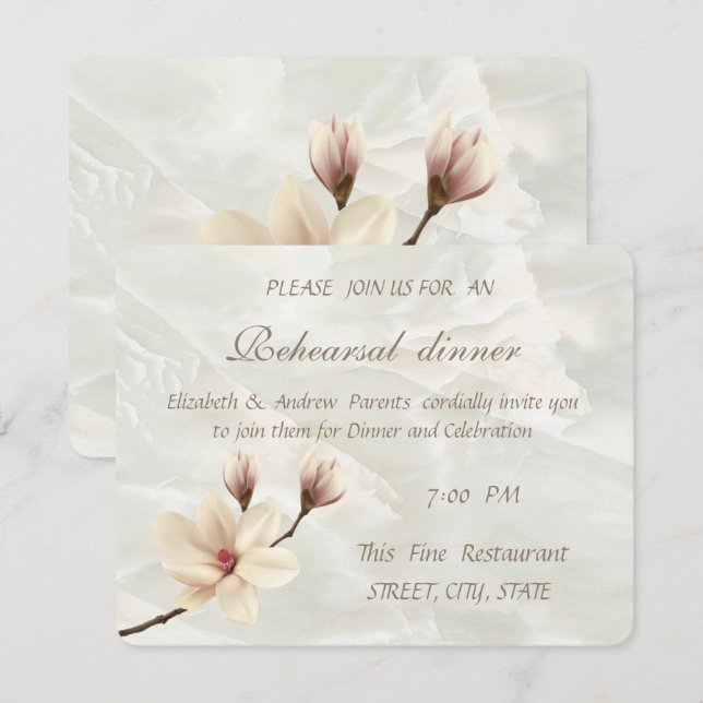 Invitación Magnolia elegante, cena de ensayo de mármol blanco (Anverso / Reverso)