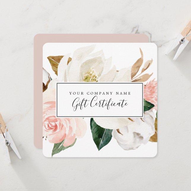 Invitación Magnolia elegante | Certificado de regalo blanco y (Anverso/Reverso In Situ)