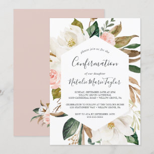 Invitación Magnolia elegante   Confirmación de blanco y Rubor