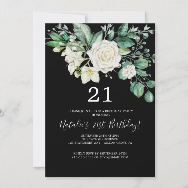 Invitación Magnolia Elegante | Cumpleaños 21 en Blanco y Negr (Anverso)