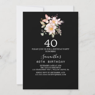 Invitación Magnolia Elegante Cumpleaños 40 en Blanco y Negr