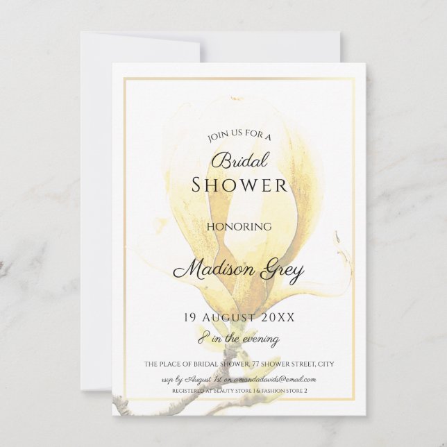 Invitación Magnolia elegante ducha de novia amarilla (Anverso)