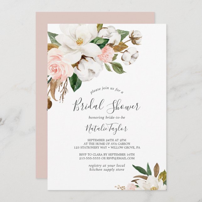 Invitación Magnolia elegante | Ducha de novia blanca y Rubor (Anverso / Reverso)