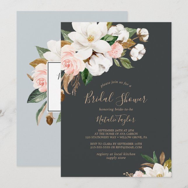 Invitación Magnolia elegante | Ducha de novia negra y blanca (Anverso / Reverso)