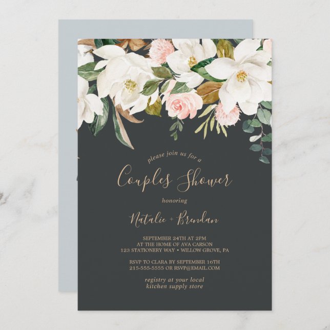 Invitación Magnolia elegante | Ducha de parejas negras y blan (Anverso / Reverso)