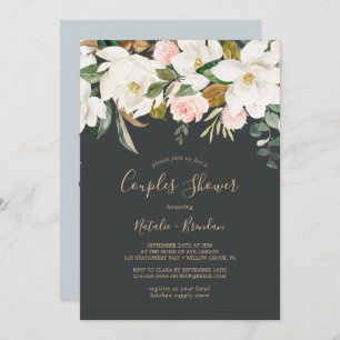 Invitación Magnolia elegante   Ducha de parejas negras y blan