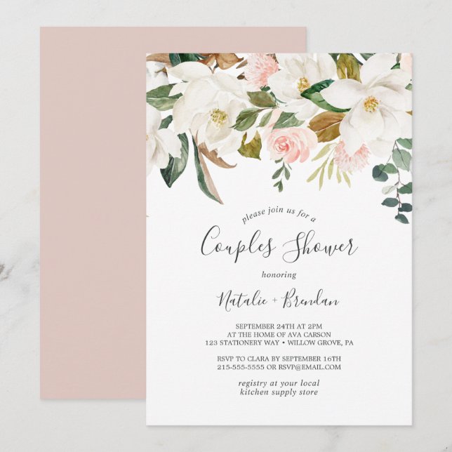 Invitación Magnolia elegante | Ducha Rubor Couples (Anverso / Reverso)