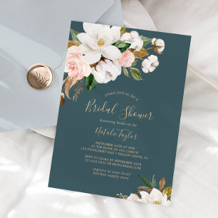 Invitación Magnolia elegante   Ducha Verde azulada y blanca d