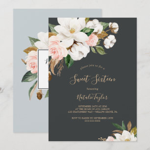 Invitación Magnolia elegante   Dulce negro y blanco Dieciséis