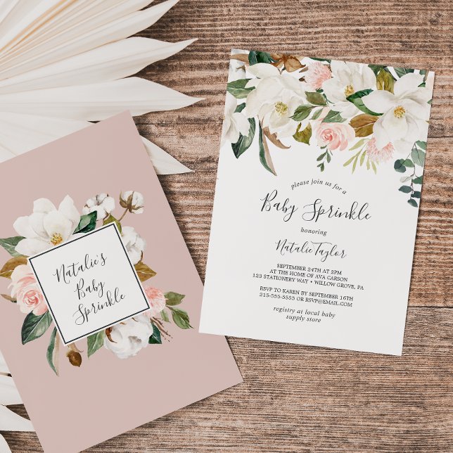 Invitación Magnolia elegante | Espolvorea de Bebé blanca y Ru (Subido por el creador)