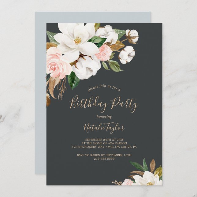 Invitación Magnolia elegante | Fiesta de cumpleaños blanco y  (Anverso / Reverso)