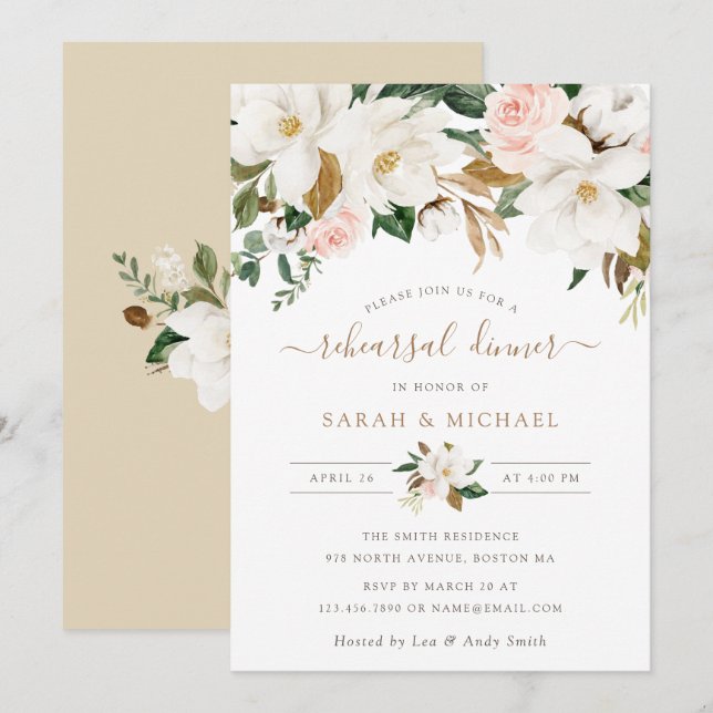 Invitación Magnolia Elegante Floral Ensayo Neutral Rubor (Anverso / Reverso)