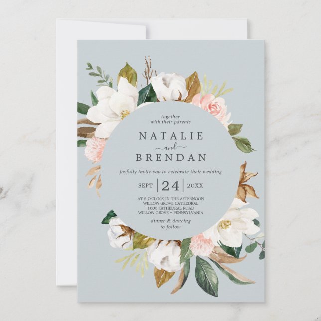 Invitación Magnolia elegante | Gris azul con Boda de fecha (Anverso)
