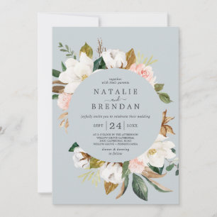 Invitación Magnolia elegante   Gris azul con Boda de fecha