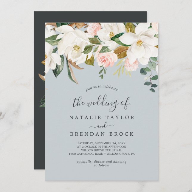 Invitación Magnolia elegante | Gris Azul El Boda De (Anverso / Reverso)