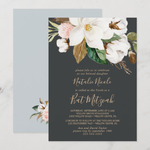 Invitación Magnolia elegante Mitzvah de murciélago blanco y
