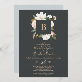 Invitación Magnolia elegante | Monograma negro y blanco Boda