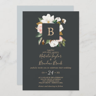 Invitación Magnolia elegante   Monograma negro y blanco Boda