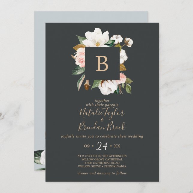 Invitación Magnolia elegante | Negro Todo En Un Boda (Anverso / Reverso)