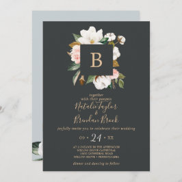 Invitación Magnolia elegante | Negro Todo En Un Boda