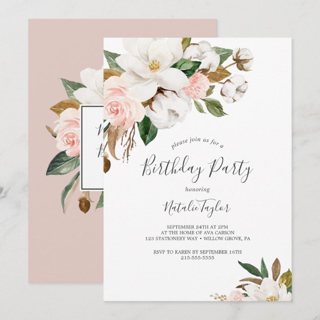 Invitación Magnolia elegante | Partido de Cumpleaños Blanco y (Anverso / Reverso)