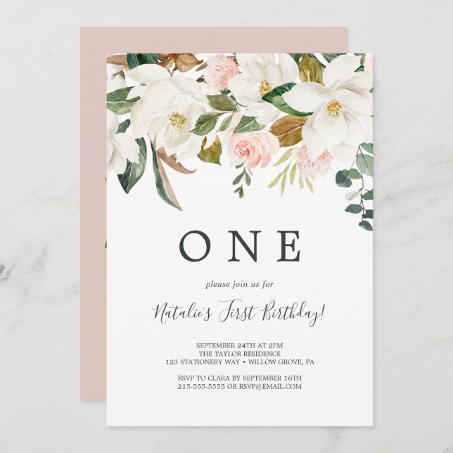 Invitación Magnolia elegante | Primer cumpleaños de White y R (Anverso / Reverso)