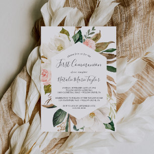 Invitación Magnolia elegante   Primera Comunión Blanca y Rubo