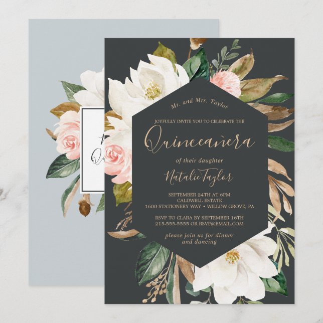 Invitación Magnolia elegante | Quinceañera blanca y negra (Anverso / Reverso)