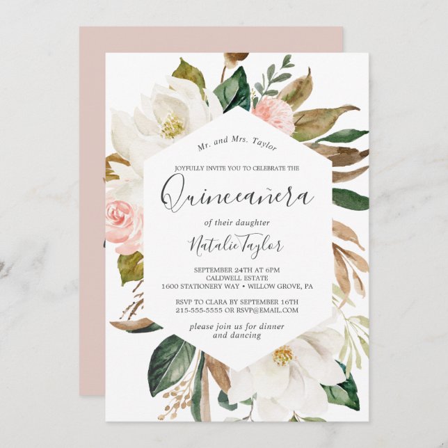 Invitación Magnolia elegante | Quinceañera blanca y Rubor (Anverso / Reverso)
