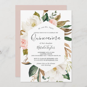 Invitación Magnolia elegante   Quinceañera blanca y Rubor