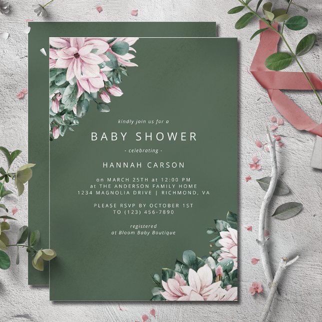 Invitación Magnolia elegante | Simple Forest Green Baby Showe (Subido por el creador)