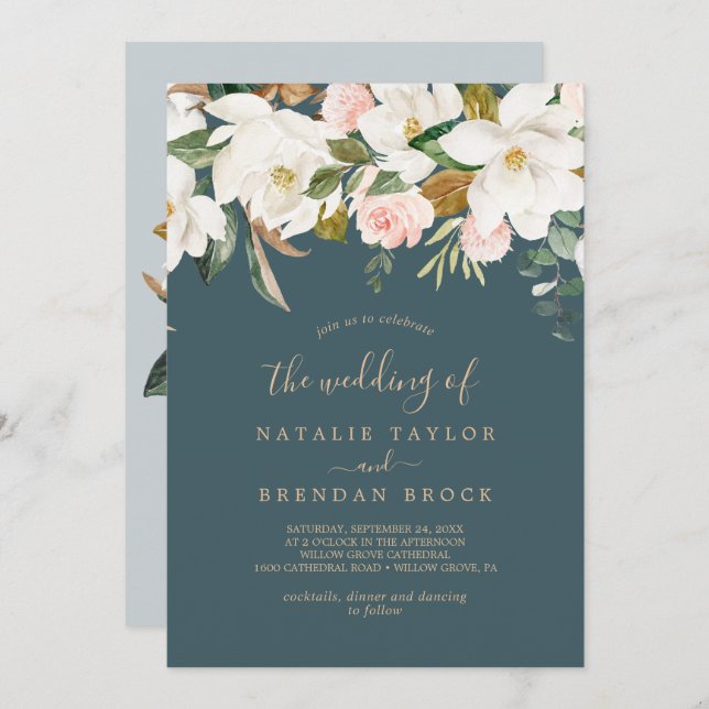 Invitación Magnolia elegante | Verde azulado y blanco El Boda (Anverso / Reverso)