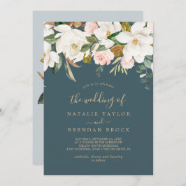 Invitación Magnolia elegante | Verde azulado y blanco El Boda