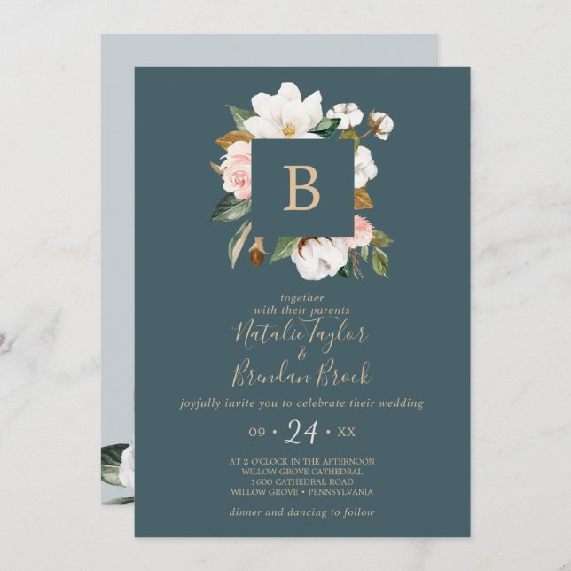 Invitación Magnolia elegante | Verde azulado Y Blanco Todo En (Anverso / Reverso)