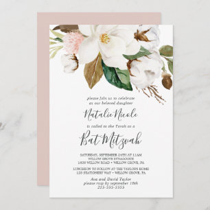 Invitación Magnolia elegante White and Rubor Bat Mitzvah