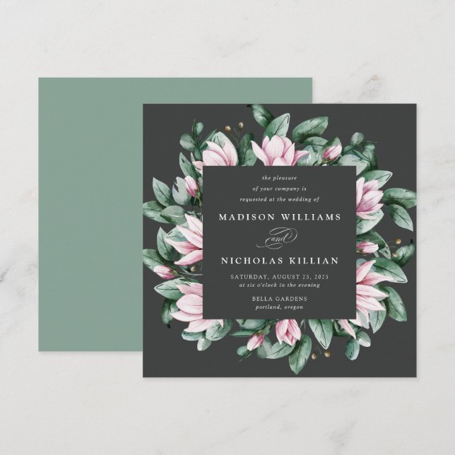 Invitación Magnolia & Eucalipto | Boda Cuadrada (Anverso / Reverso)
