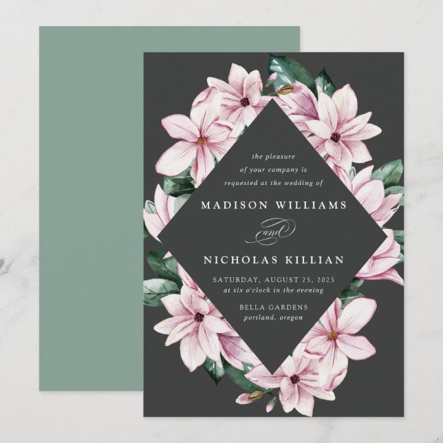 Invitación Magnolia & Eucalipto | Marco Floral de Boda (Anverso / Reverso)