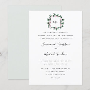 Invitación Magnolia Eucalyptus boda en monograma gris