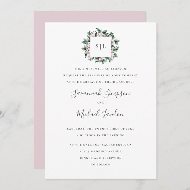 Invitación Magnolia Eucalyptus boda en monograma rosa (Anverso / Reverso)