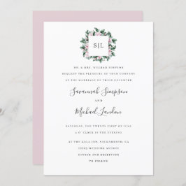 Invitación Magnolia Eucalyptus boda en monograma rosa