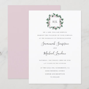 Invitación Magnolia Eucalyptus boda en monograma rosa
